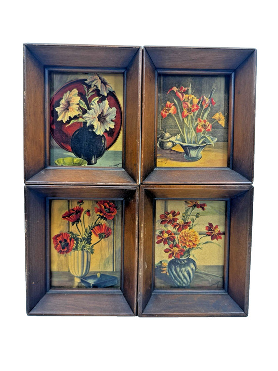 other Other - Lockhardt Floral Prints Vintage Wooden Framed Set of 4 Small Artworks 5x6 Each